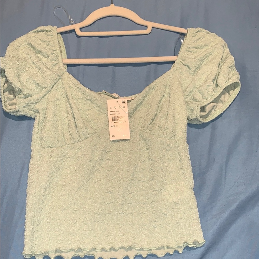 Lush‎ Green Puff Sleeve Cropped Shirt